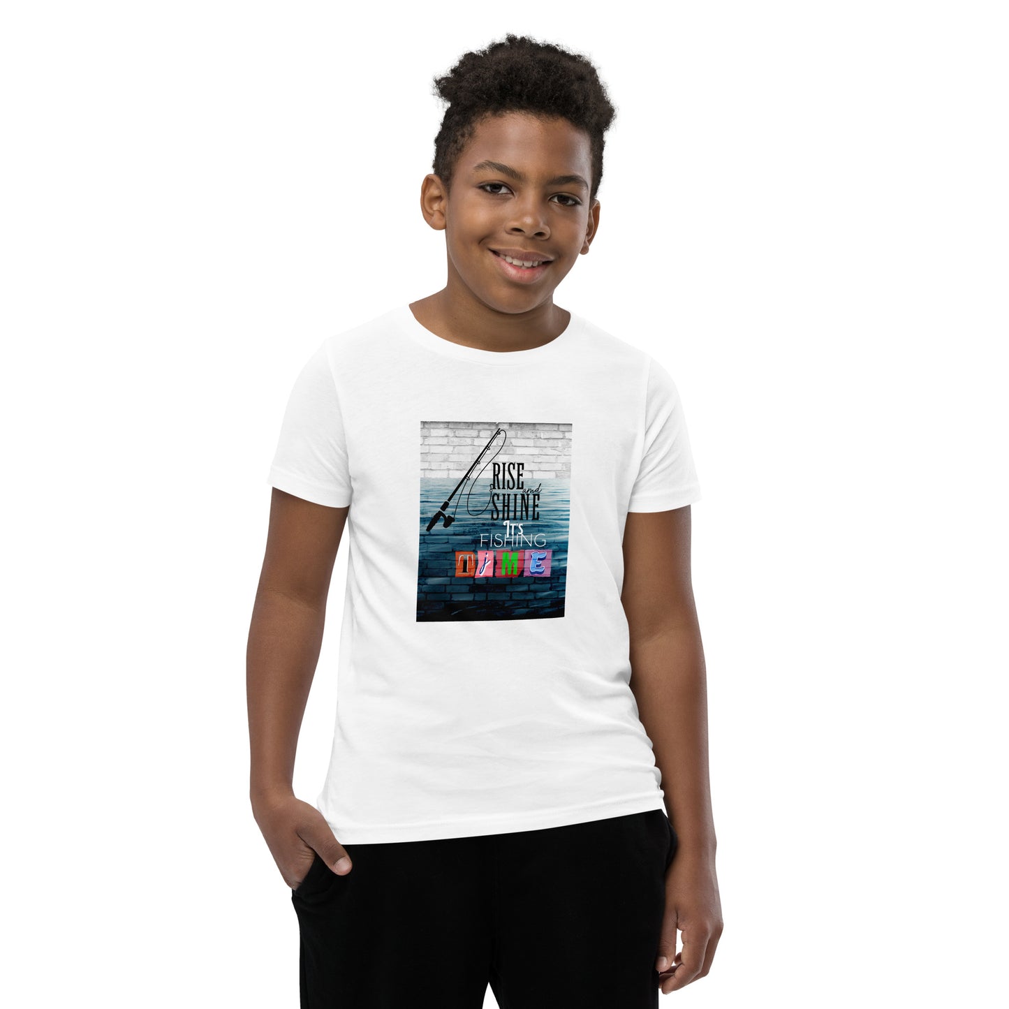 Youth Short Sleeve Unisex T-Shirt - It's Fishing Time - Fun Outdoor Adventures Apparel, White, front side