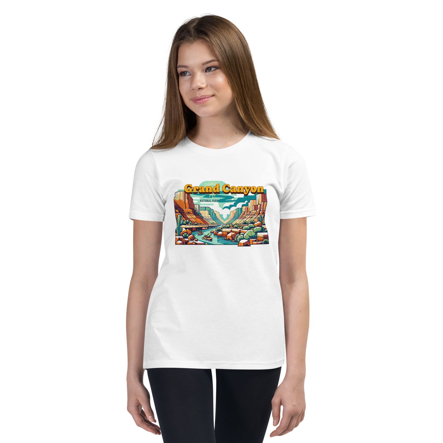 Youth Short Sleeve T-Shirt - Grand Canyon Adventure - National Parks, White, front girl