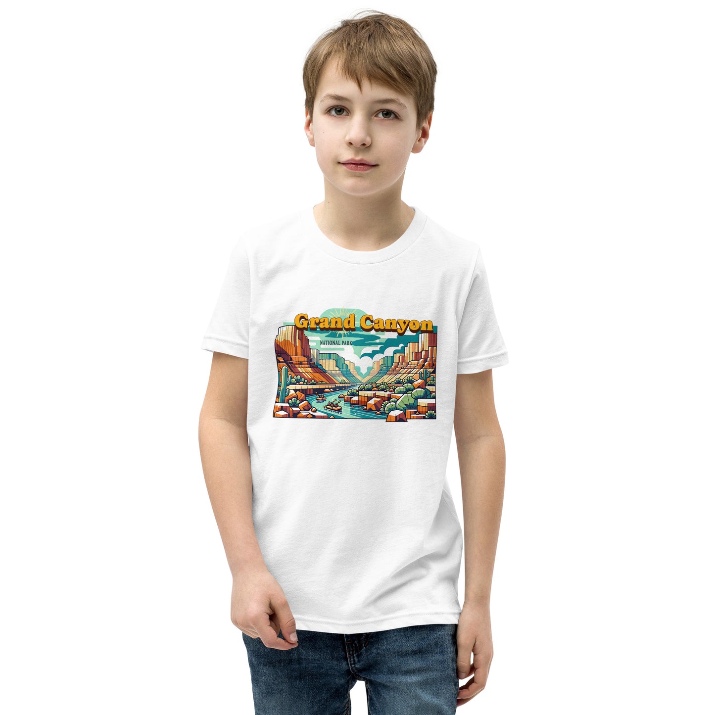 Youth Short Sleeve T-Shirt - Grand Canyon Adventure - National Parks, White, front boy
