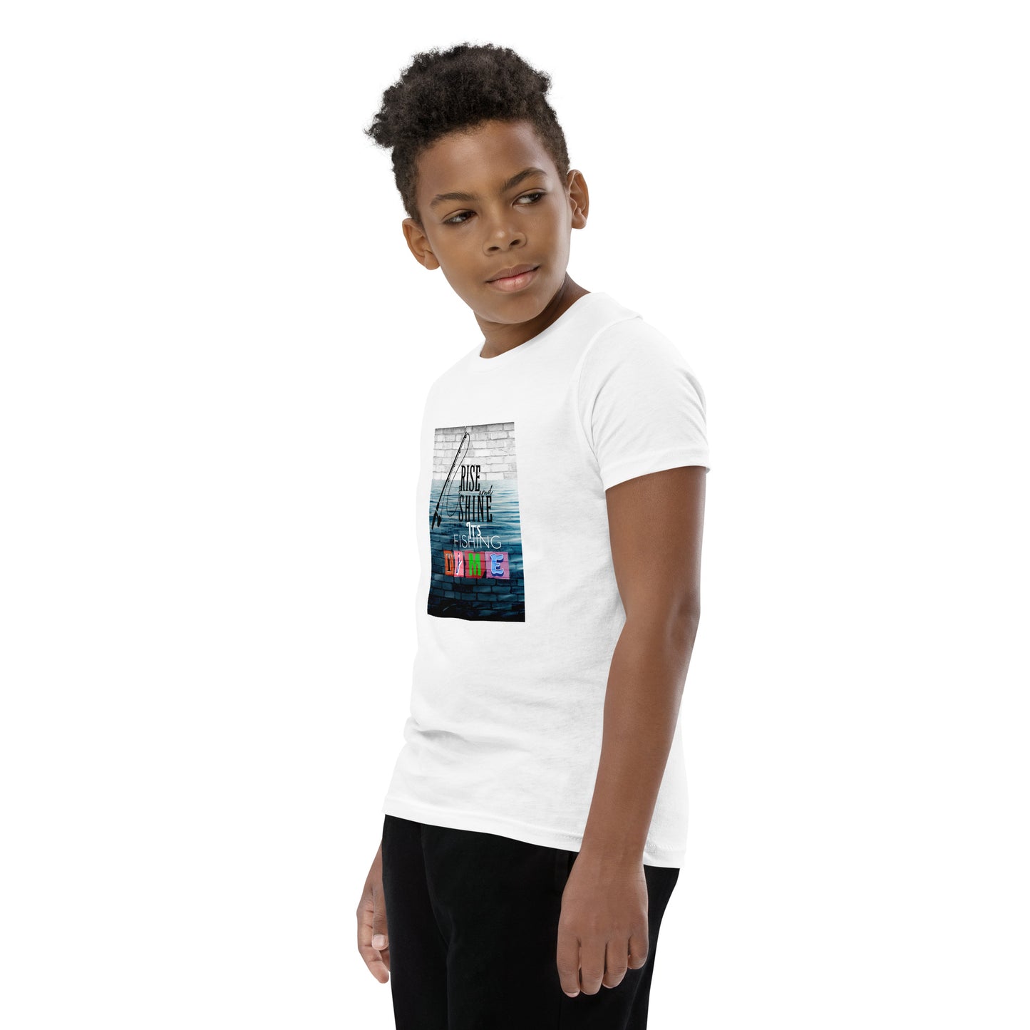 Youth Short Sleeve Unisex T-Shirt - It's Fishing Time - Fun Outdoor Adventures Apparel, White, front left side