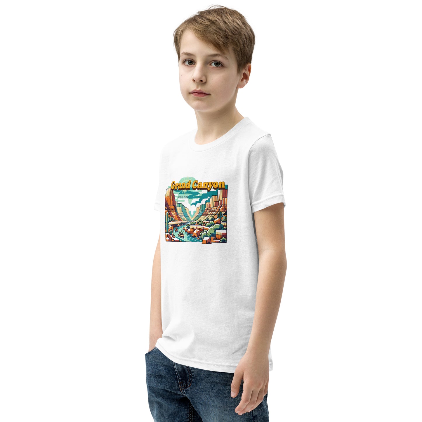 Youth Short Sleeve T-Shirt - Grand Canyon Adventure - National Parks, White, front right boy