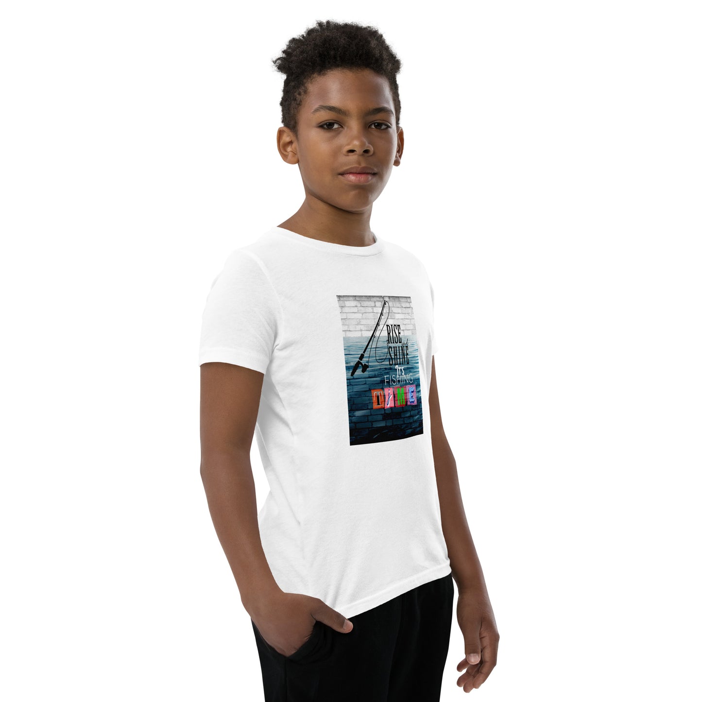 Youth Short Sleeve Unisex T-Shirt - It's Fishing Time - Fun Outdoor Adventures Apparel, White, front left side