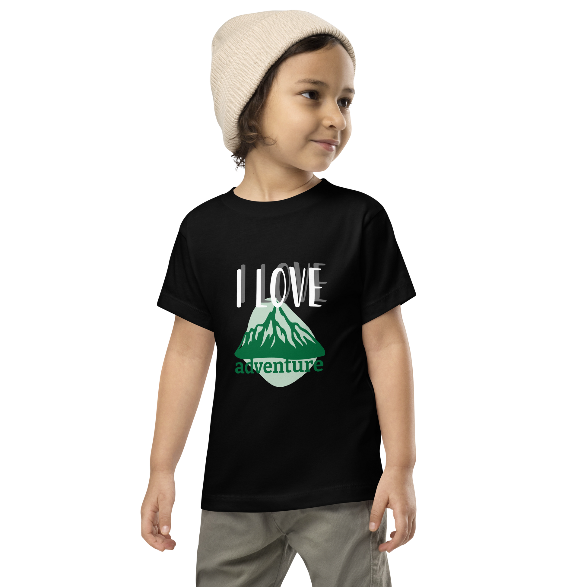 Toddler Short Sleeve Tee - I Love Adventure - Fun and Playful Design, black, front boy