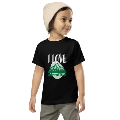 Toddler Short Sleeve Tee - I Love Adventure - Fun and Playful Design, black, front boy