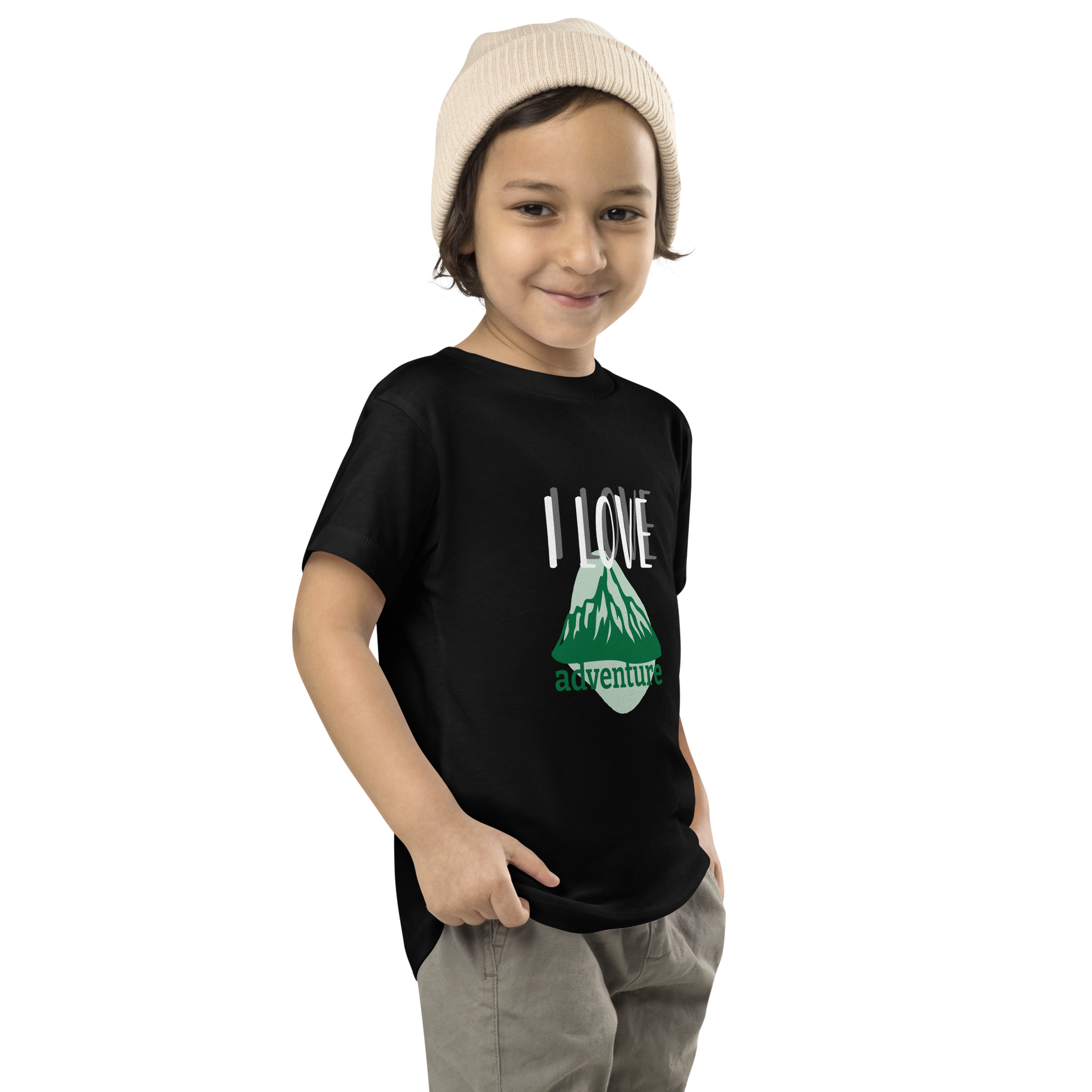 Toddler Short Sleeve Tee - I Love Adventure - Fun and Playful Design, black, front left boy