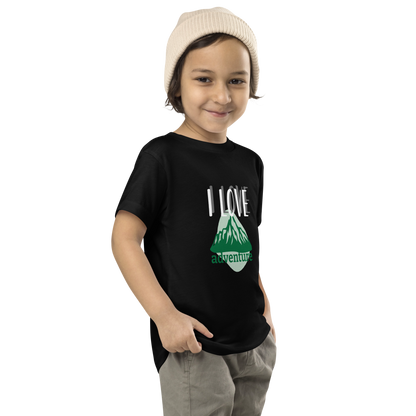 Toddler Short Sleeve Tee - I Love Adventure - Fun and Playful Design, black, front left boy