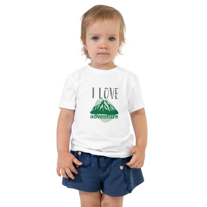 Toddler Short Sleeve Tee - I Love Adventure - Fun and Playful Design, white, front girl 