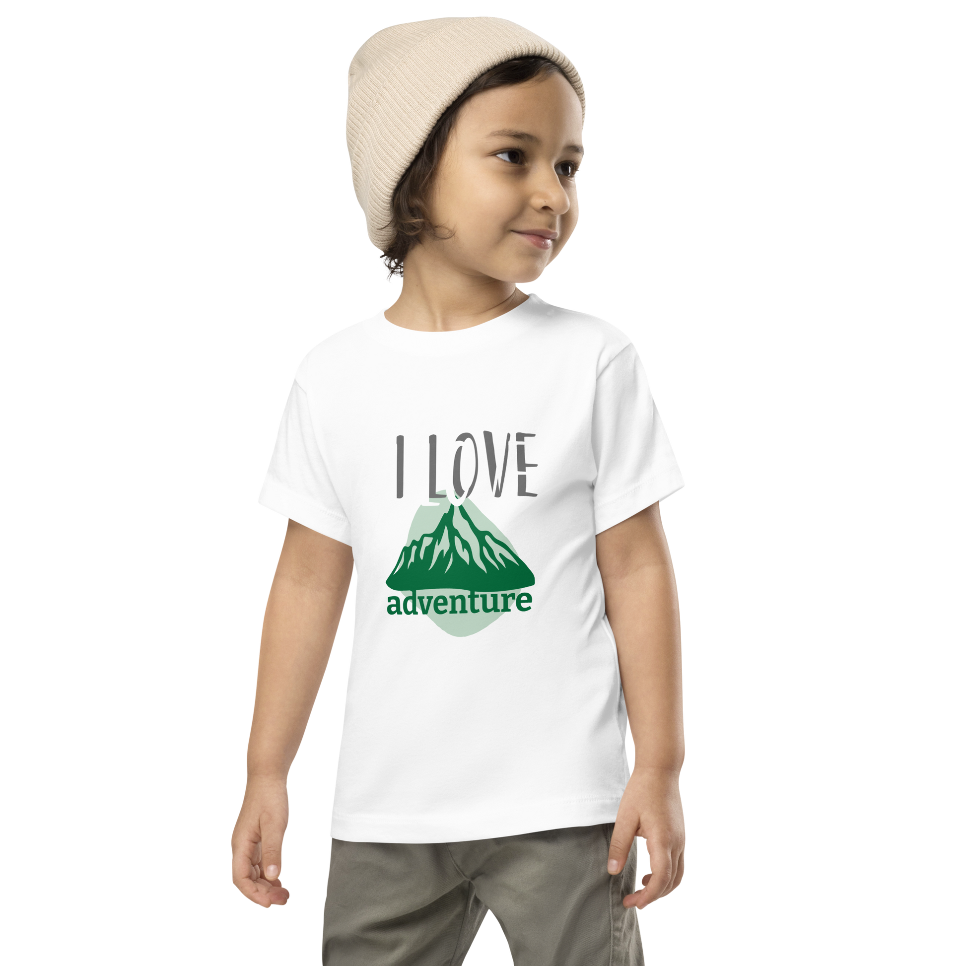 Toddler Short Sleeve Tee - I Love Adventure - Fun and Playful Design, white, front boy