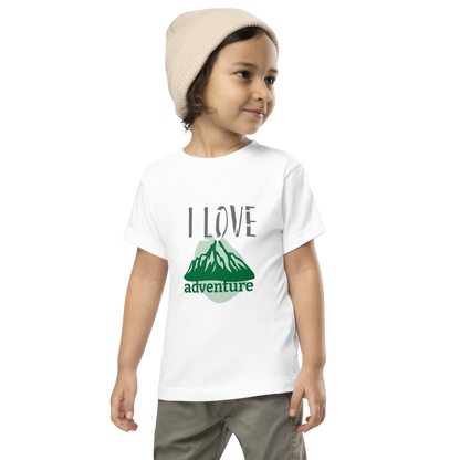 Toddler Short Sleeve Tee - I Love Adventure - Fun and Playful Design, white, front boy