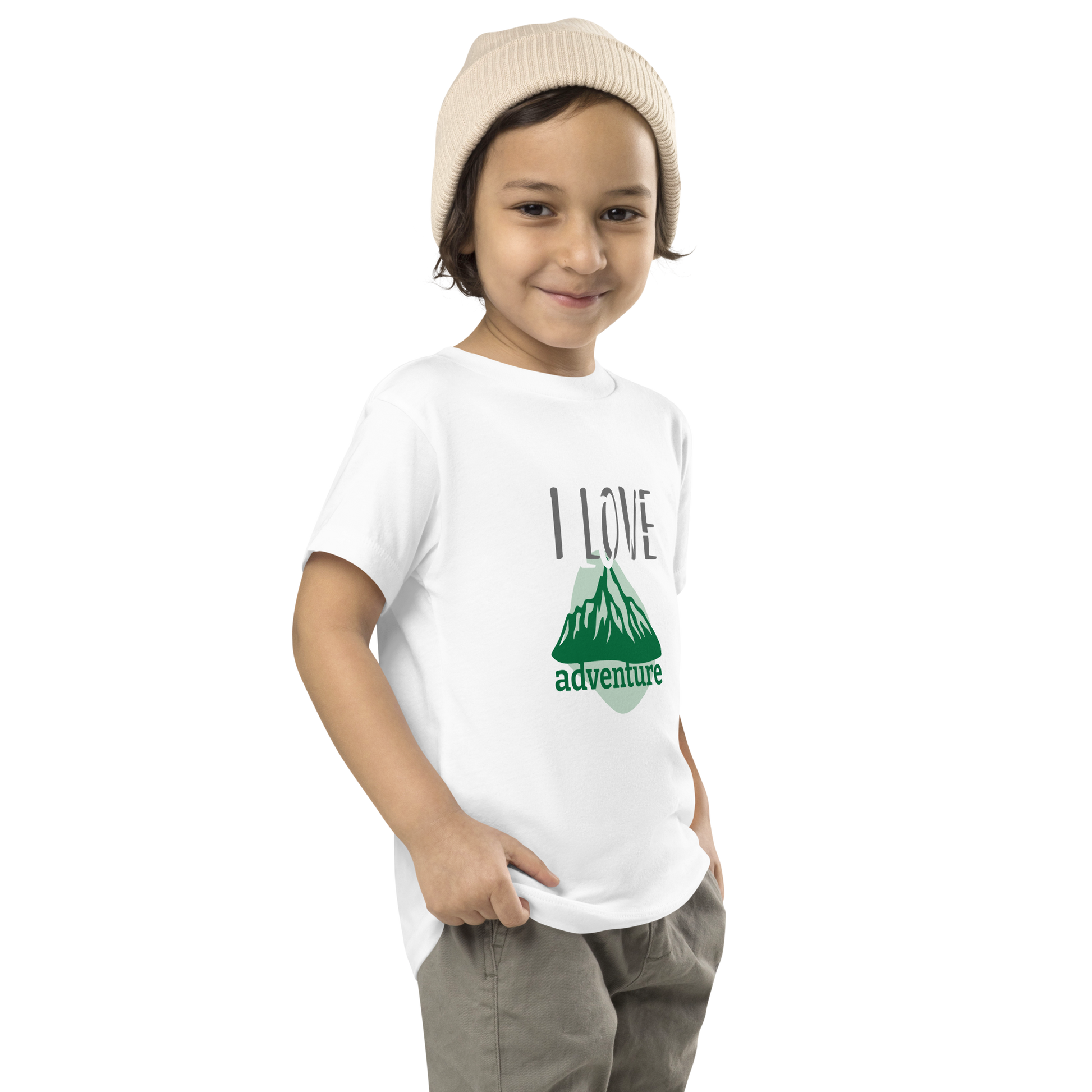Toddler Short Sleeve Tee - I Love Adventure - Fun and Playful Design, white, front left boy
