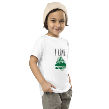 Toddler Short Sleeve Tee - I Love Adventure - Fun and Playful Design, white, front left boy