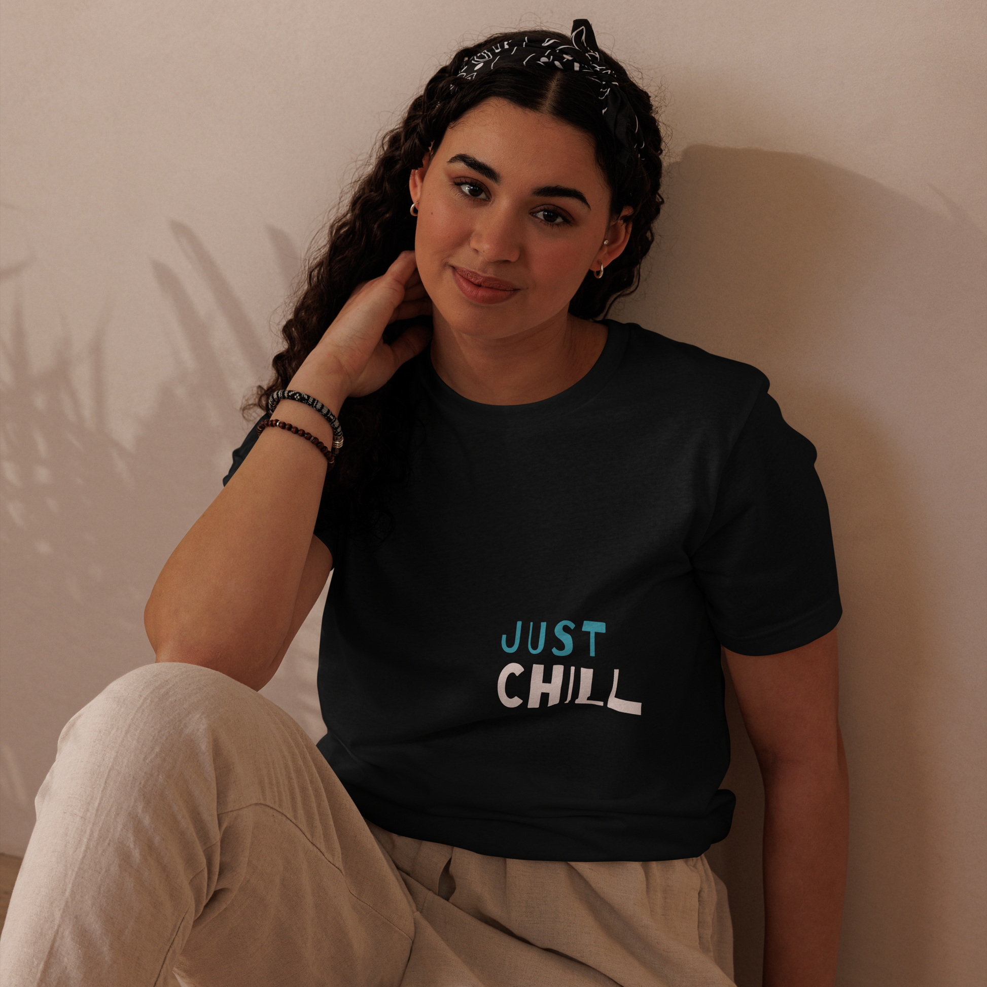 Unisex Eco-Friendly T-Shirt - Just Chill - Sustainable, Lightweight, and Perfect for Everyday Style, black, front girl