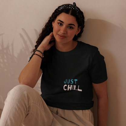 Unisex Eco-Friendly T-Shirt - Just Chill - Sustainable, Lightweight, and Perfect for Everyday Style, black, front girl