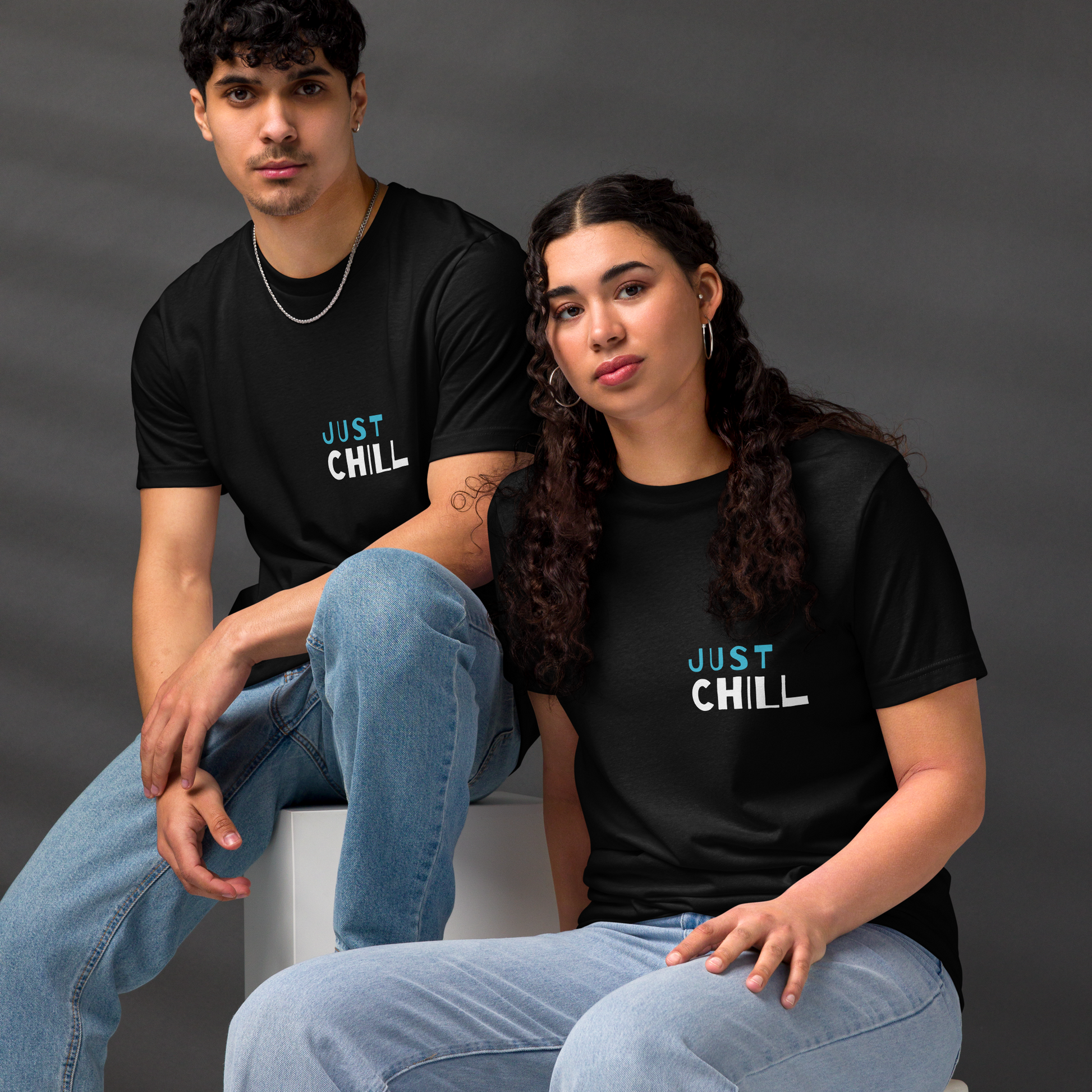 Unisex Eco-Friendly T-Shirt - Just Chill - Sustainable, Lightweight, and Perfect for Everyday Style, black, front both 