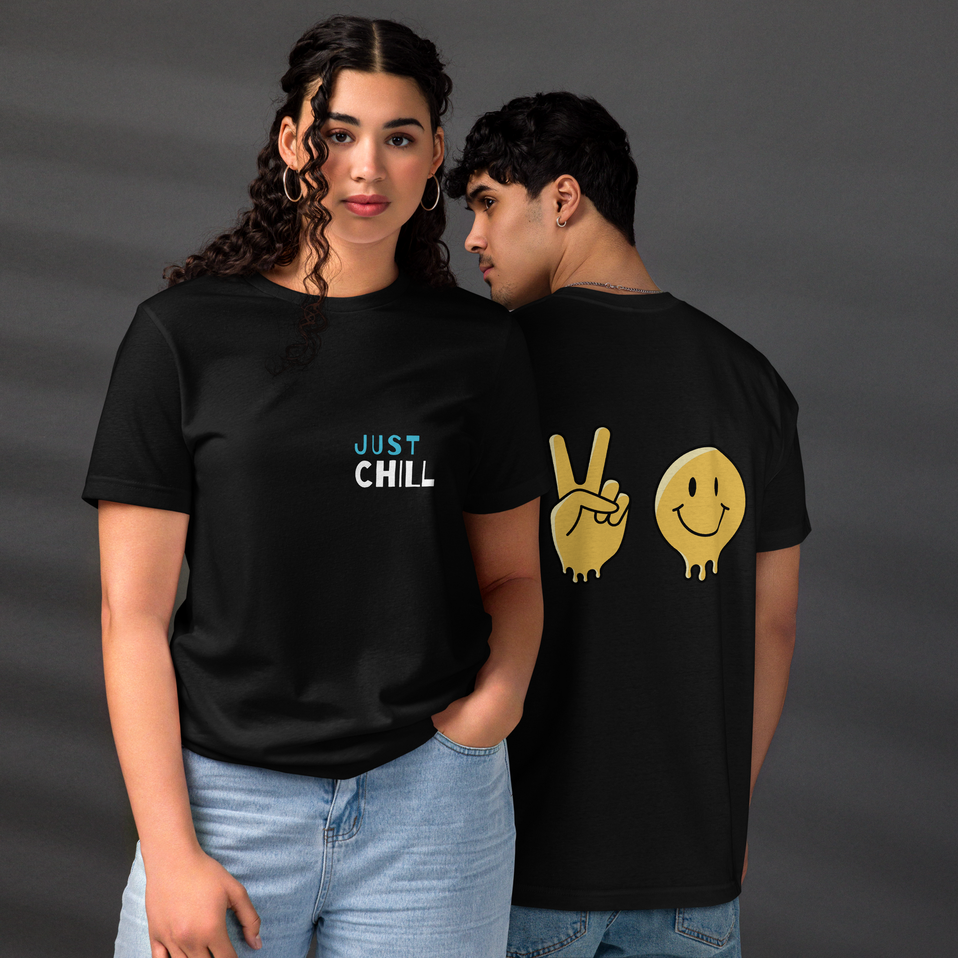 Unisex Eco-Friendly T-Shirt - Just Chill - Sustainable, Lightweight, and Perfect for Everyday Style, Black,backfront both 