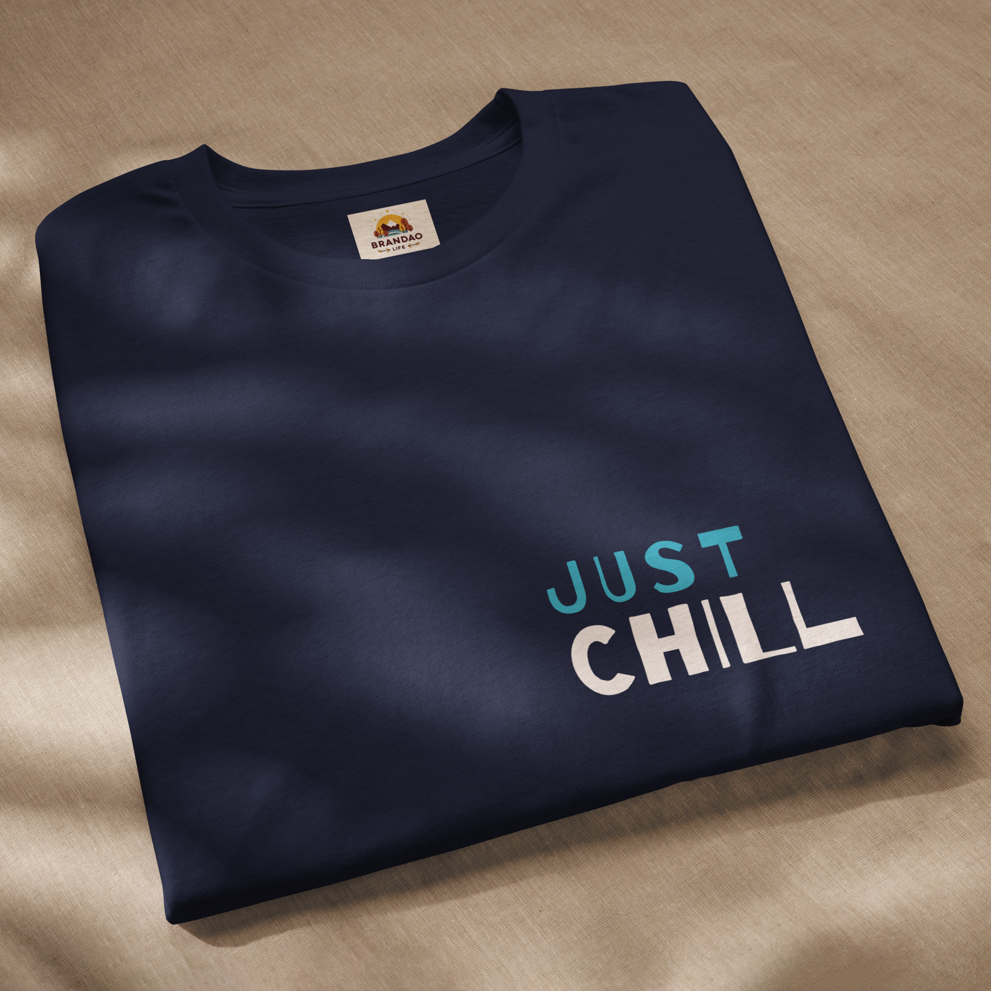 Unisex Eco-Friendly T-Shirt - Just Chill - Sustainable, Lightweight, and Perfect for Everyday Style, navy front folded