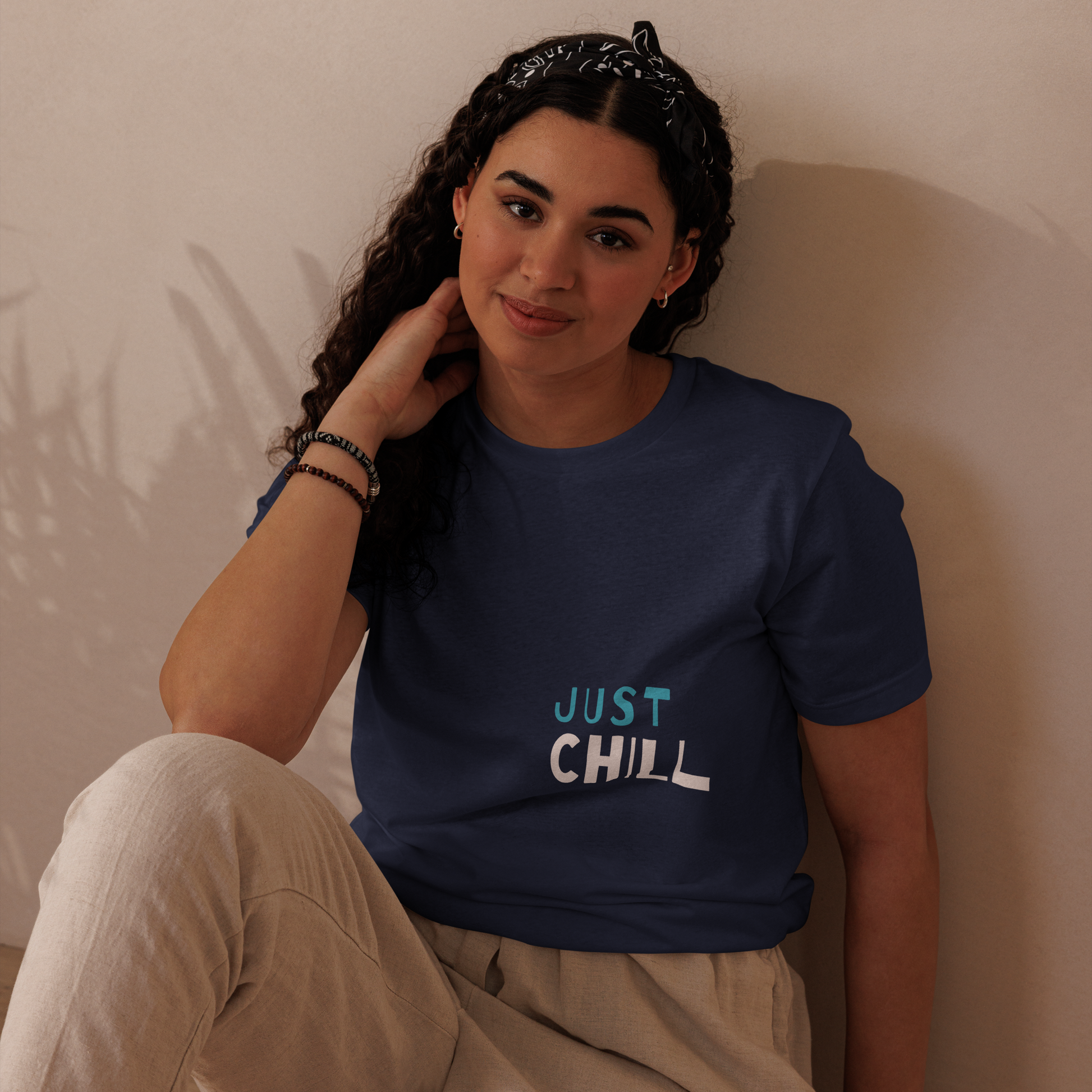 Unisex Eco-Friendly T-Shirt - Just Chill - Sustainable, Lightweight, and Perfect for Everyday Style, navy, front girl