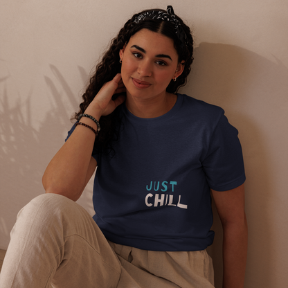 Unisex Eco-Friendly T-Shirt - Just Chill - Sustainable, Lightweight, and Perfect for Everyday Style, navy, front girl