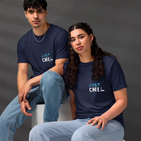 Unisex Eco-Friendly T-Shirt - Just Chill - Sustainable, Lightweight, and Perfect for Everyday Style, navy, front both 