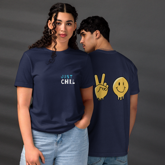 Unisex Eco-Friendly T-Shirt - Just Chill - Sustainable, Lightweight, and Perfect for Everyday Style, navy, frontback both 