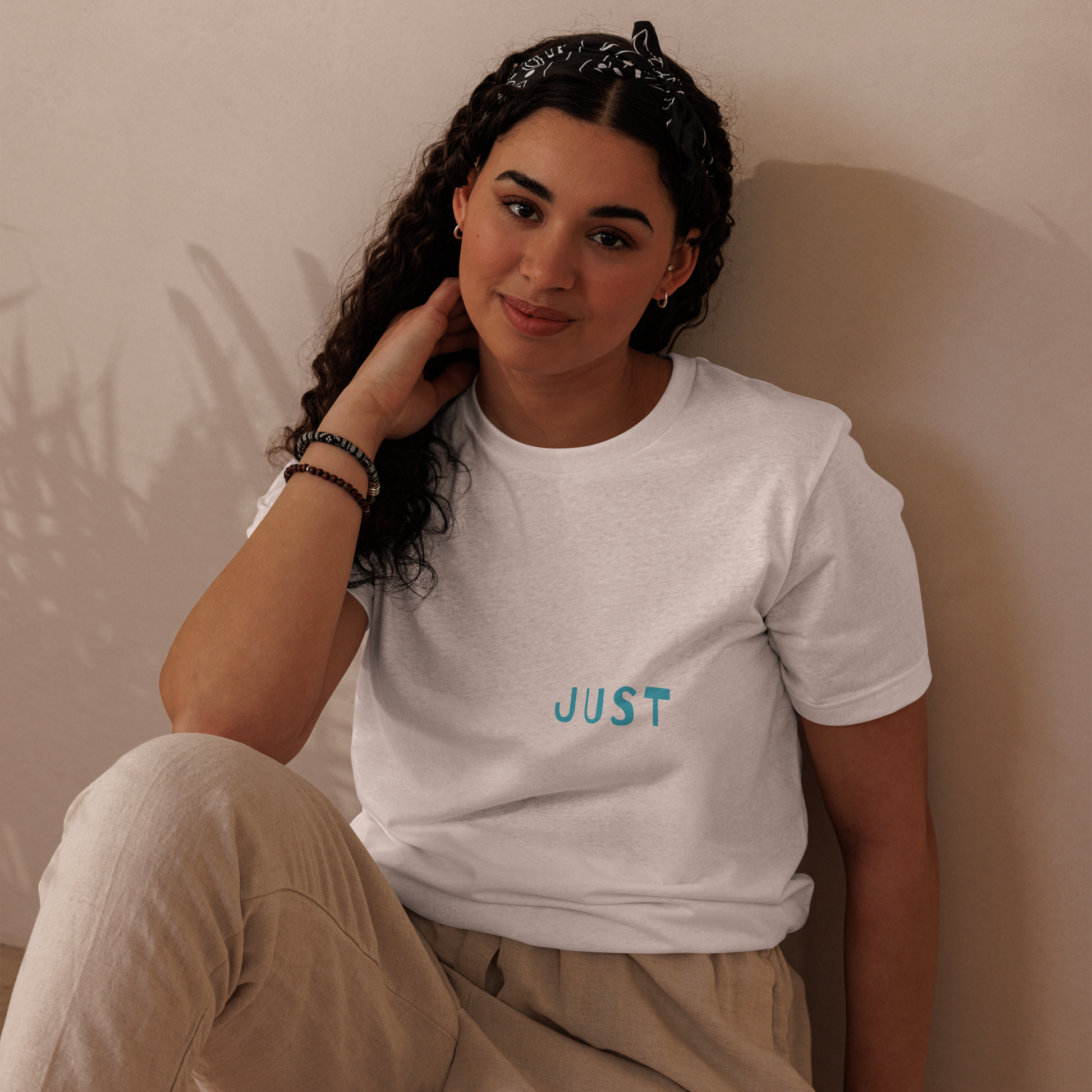 Unisex Eco-Friendly T-Shirt - Just Chill - Sustainable, Lightweight, and Perfect for Everyday Style, white ,front girl