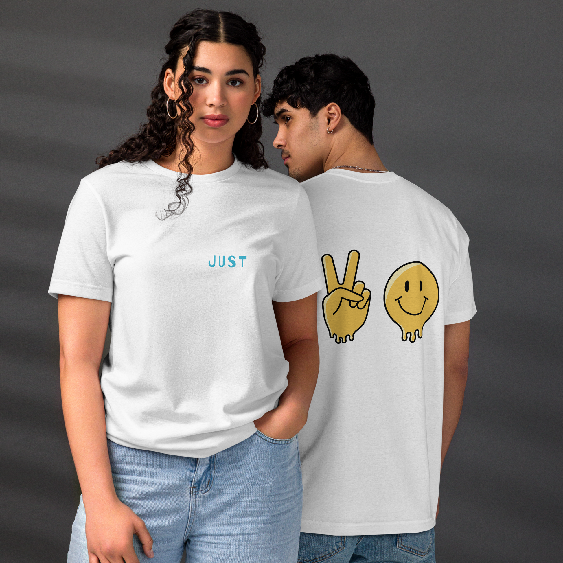Unisex Eco-Friendly T-Shirt - Just Chill - Sustainable, Lightweight, and Perfect for Everyday Style, white ,backfront both 