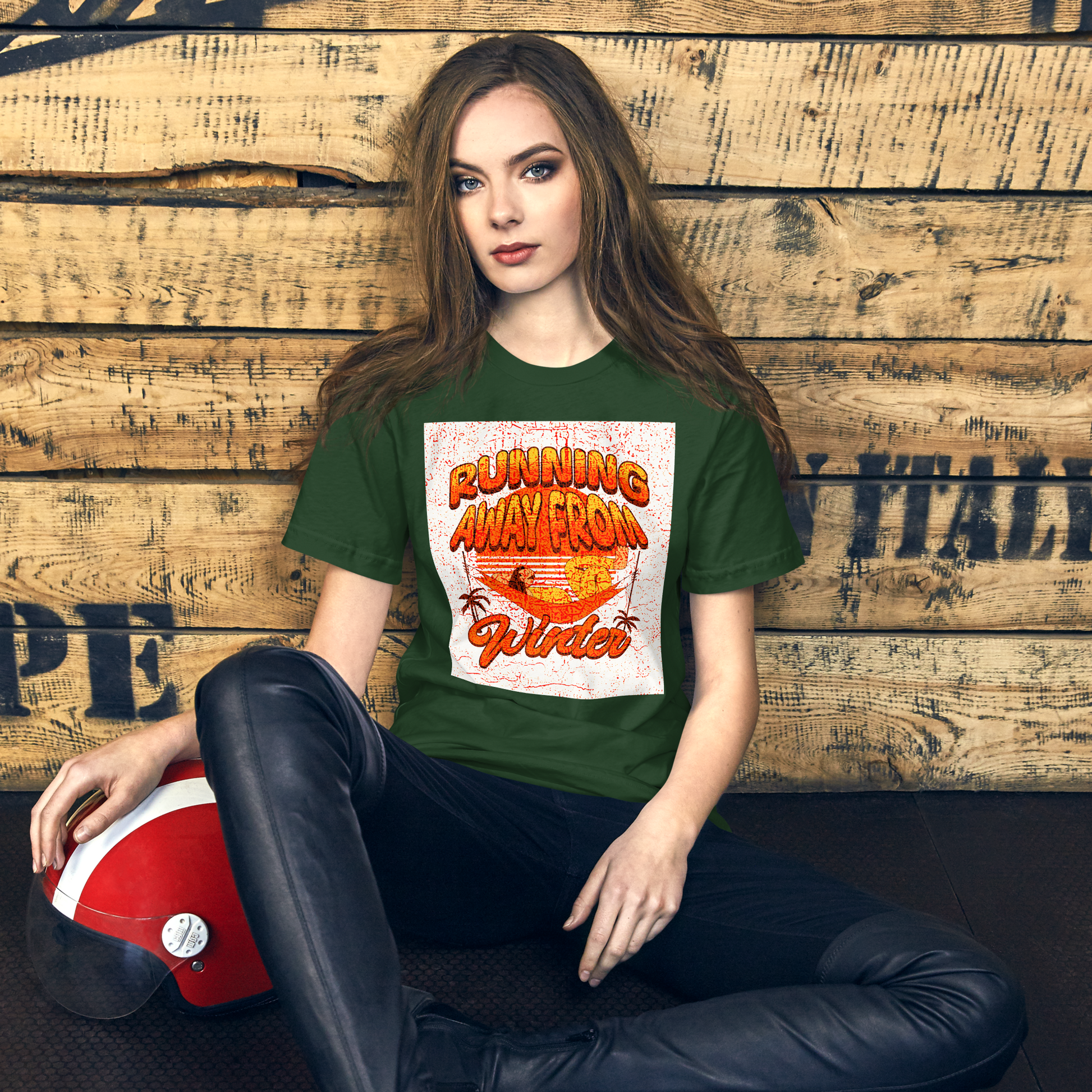 Unisex T-Shirt - Running Away from Winter - Escape Winter in Style, Green, front girl
