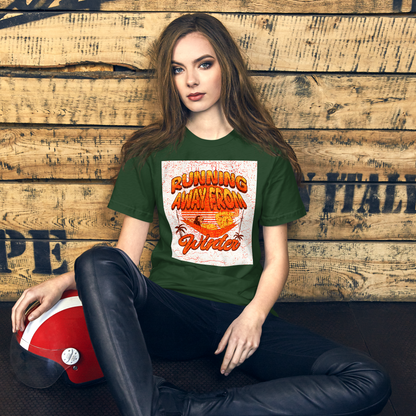 Unisex T-Shirt - Running Away from Winter - Escape Winter in Style, Green, front girl