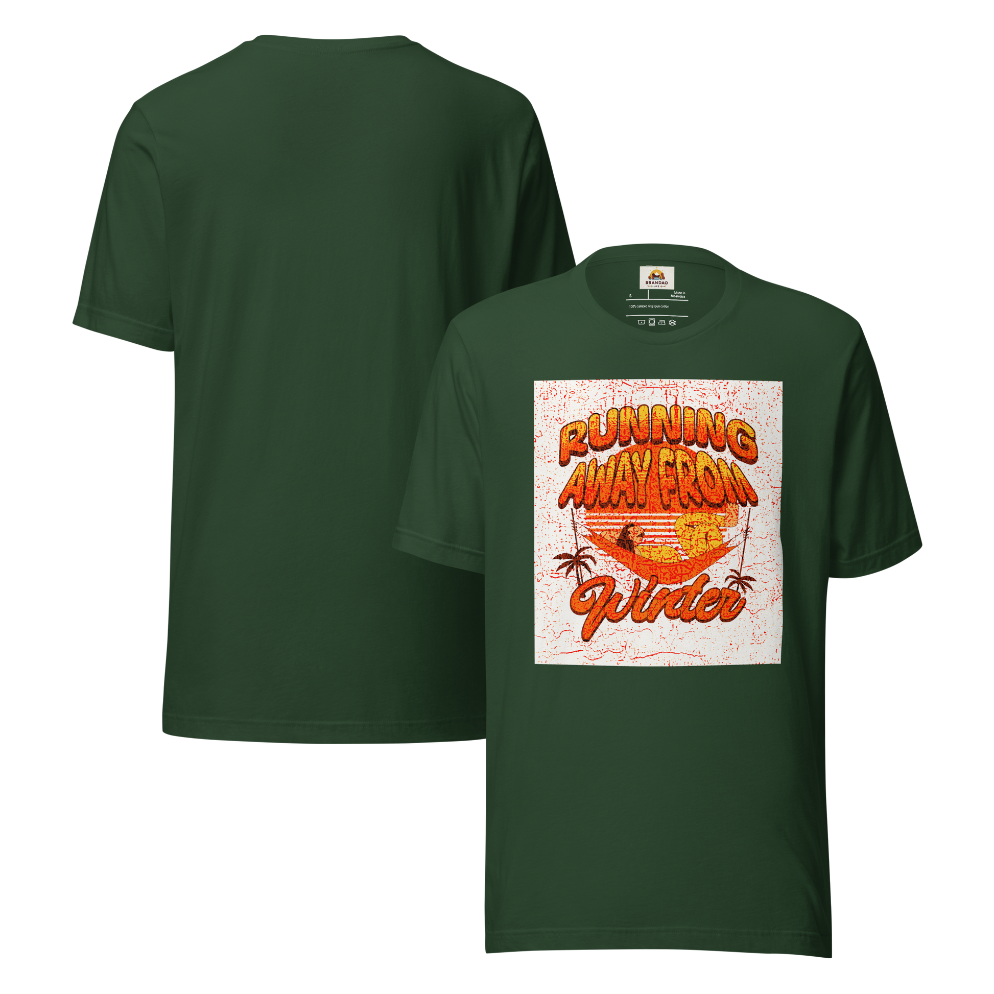 Unisex T-Shirt - Running Away from Winter - Escape Winter in Style, green, back and front full body