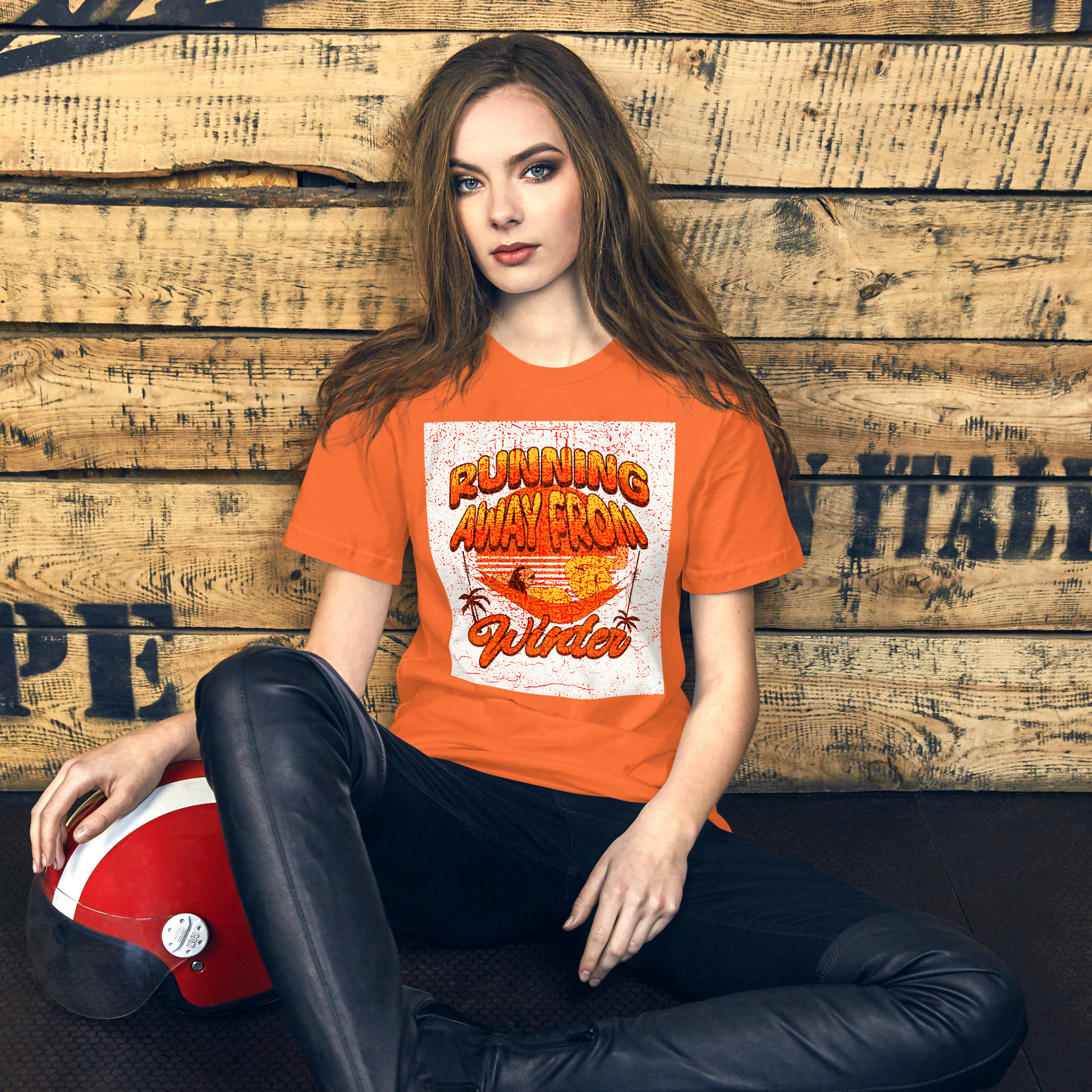 Unisex T-Shirt - Running Away from Winter - Escape Winter in Style, orange, front girl