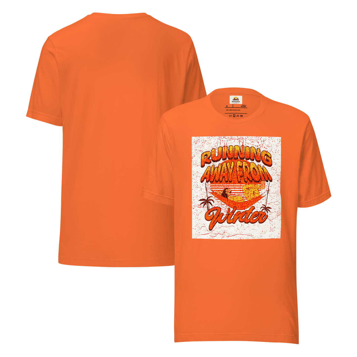 Unisex T-Shirt - Running Away from Winter - Escape Winter in Style, orange, back and front full body