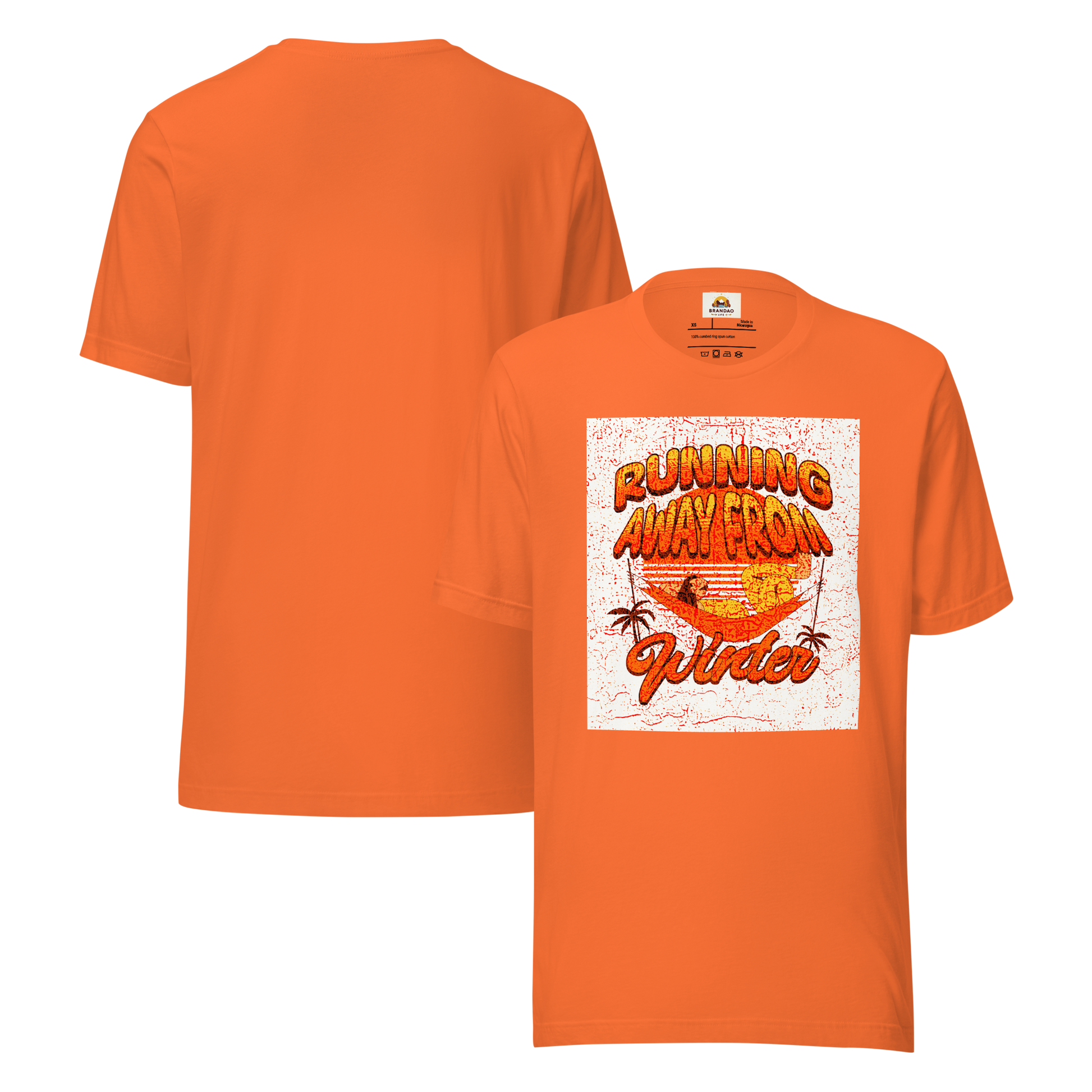 Unisex T-Shirt - Running Away from Winter - Escape Winter in Style, orange, back and front full body
