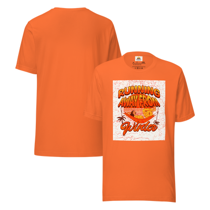 Unisex T-Shirt - Running Away from Winter - Escape Winter in Style, orange, back and front full body