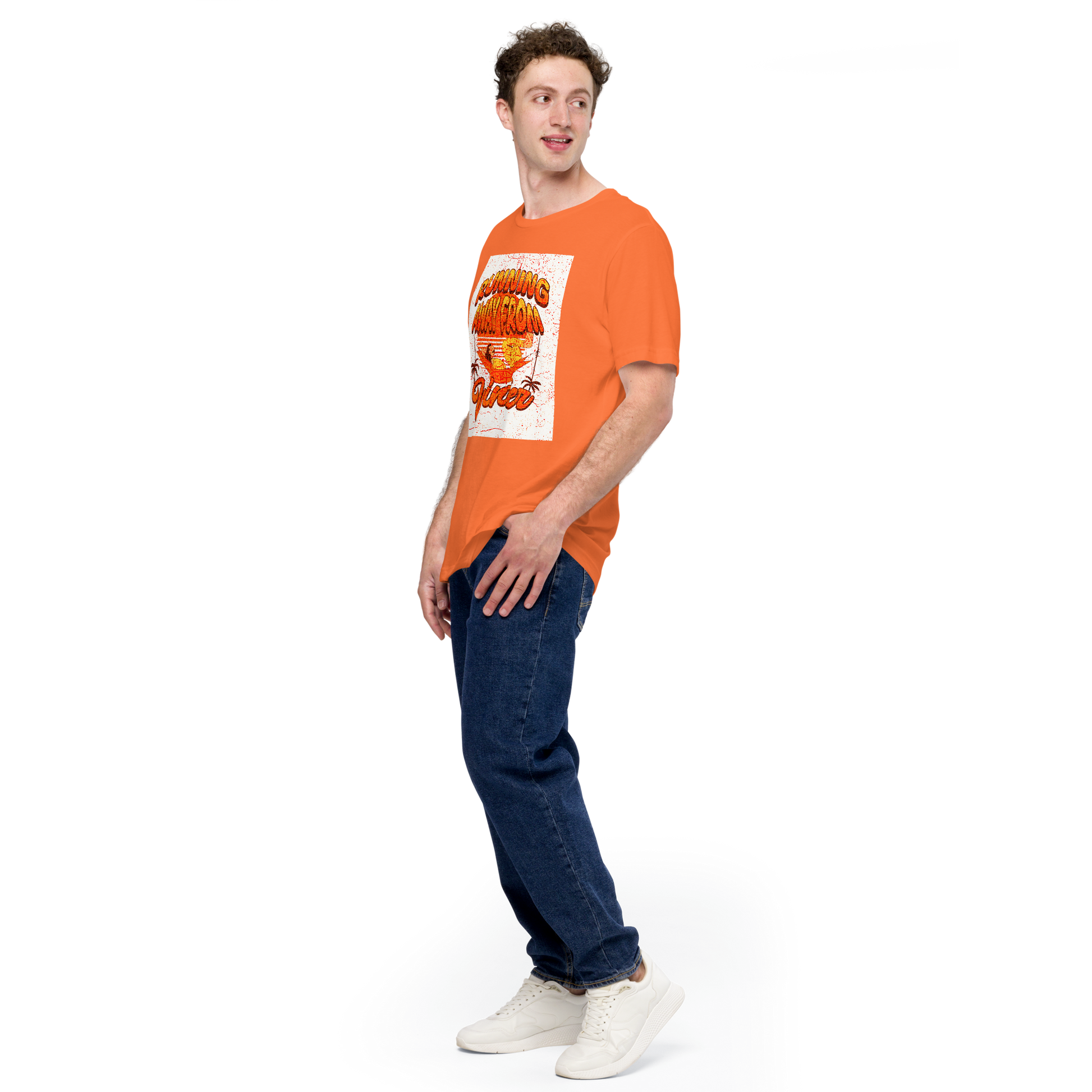 Unisex T-Shirt - Running Away from Winter - Escape Winter in Style, orange, front men full body