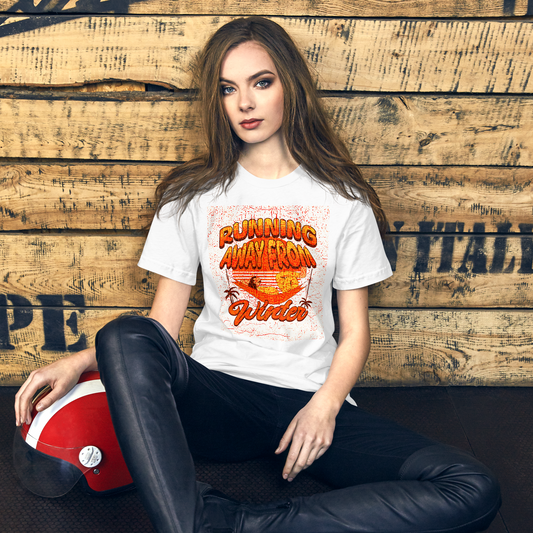 Unisex T-Shirt - Running Away from Winter - Escape Winter in Style, white, front girl 