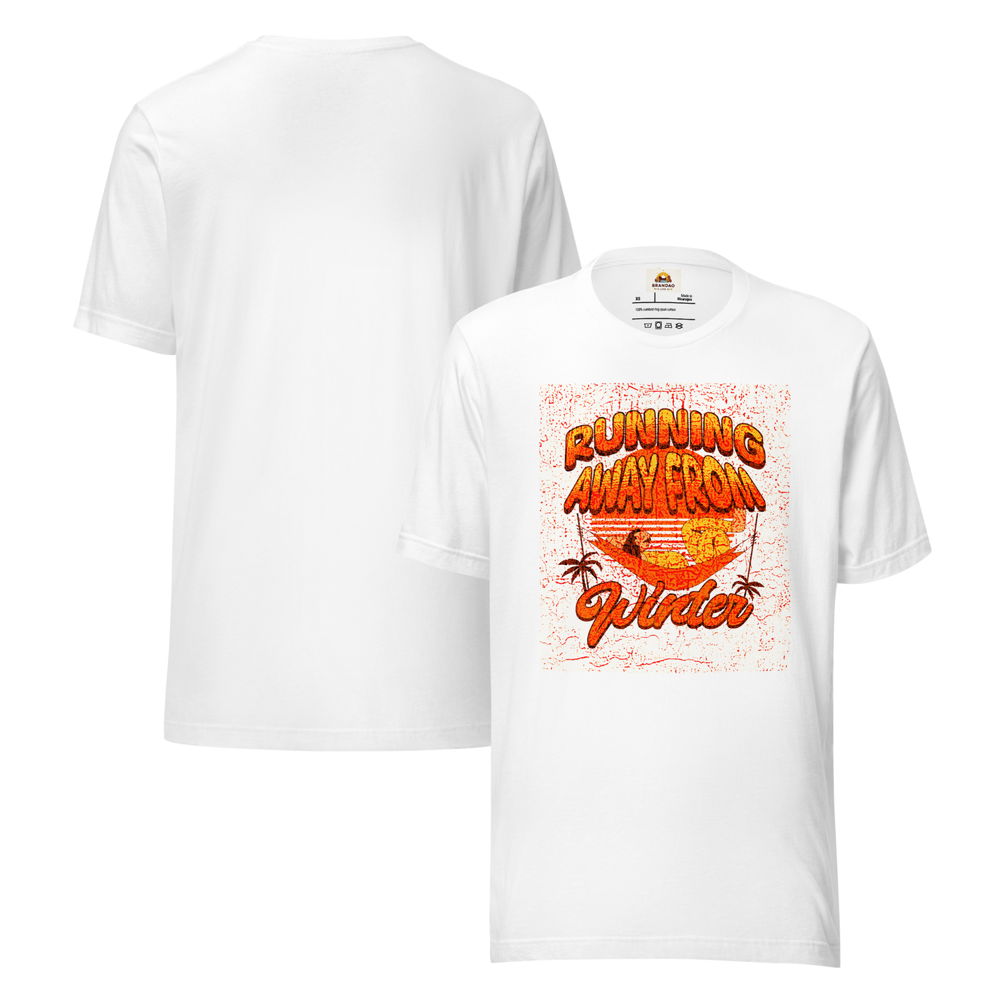 Unisex T-Shirt - Running Away from Winter - Escape Winter in Style, white, back and front full body