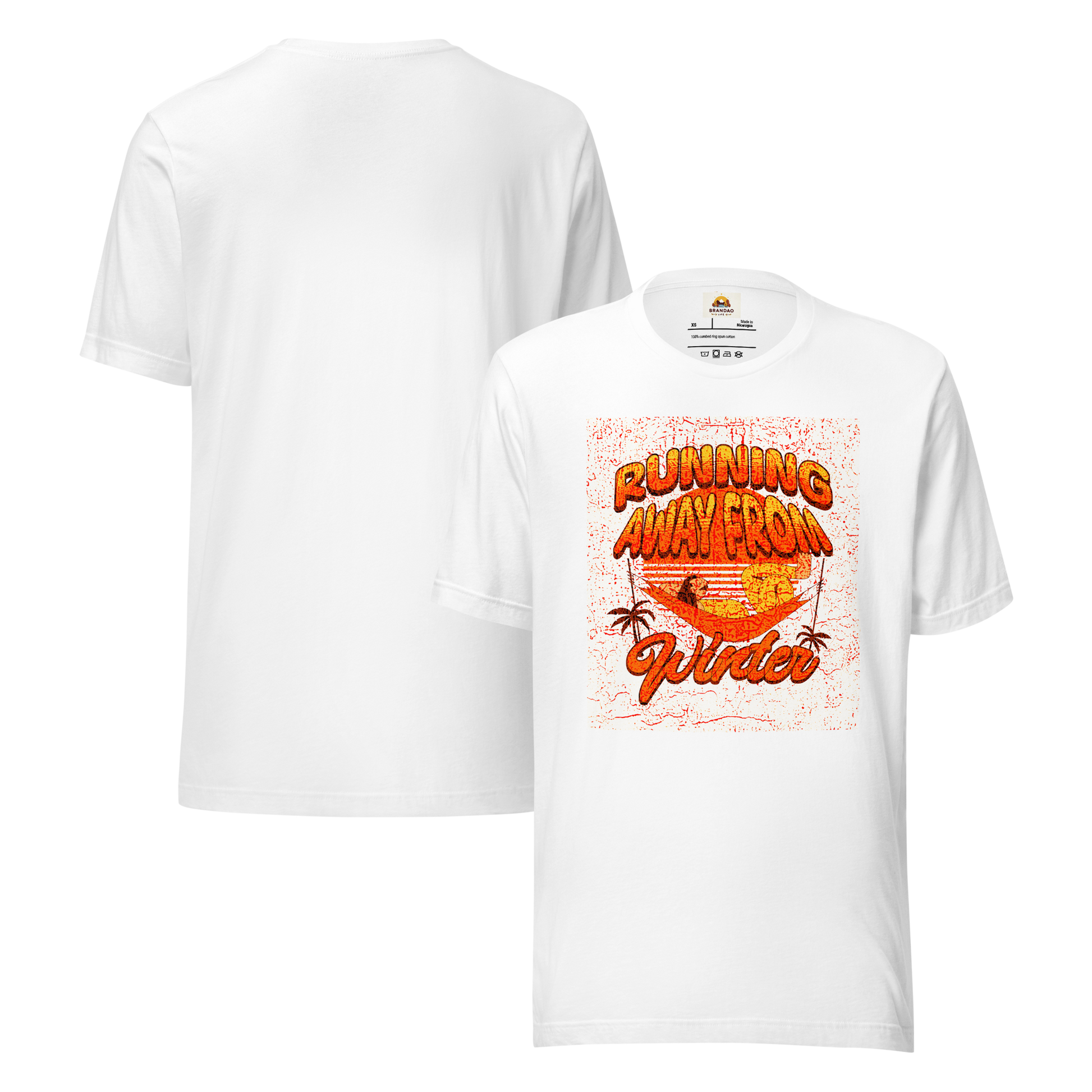 Unisex T-Shirt - Running Away from Winter - Escape Winter in Style, white, back and front full body