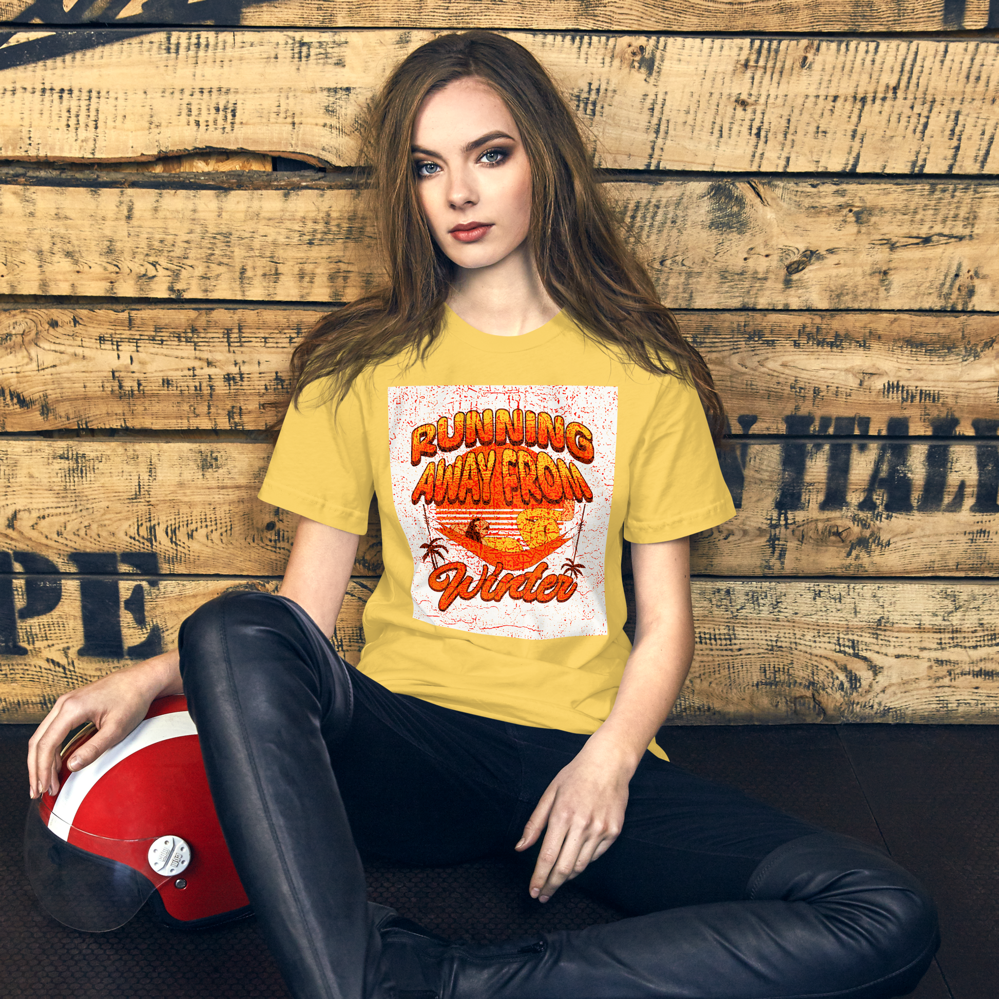 Unisex T-Shirt - Running Away from Winter - Escape Winter in Style, yellow, front girl