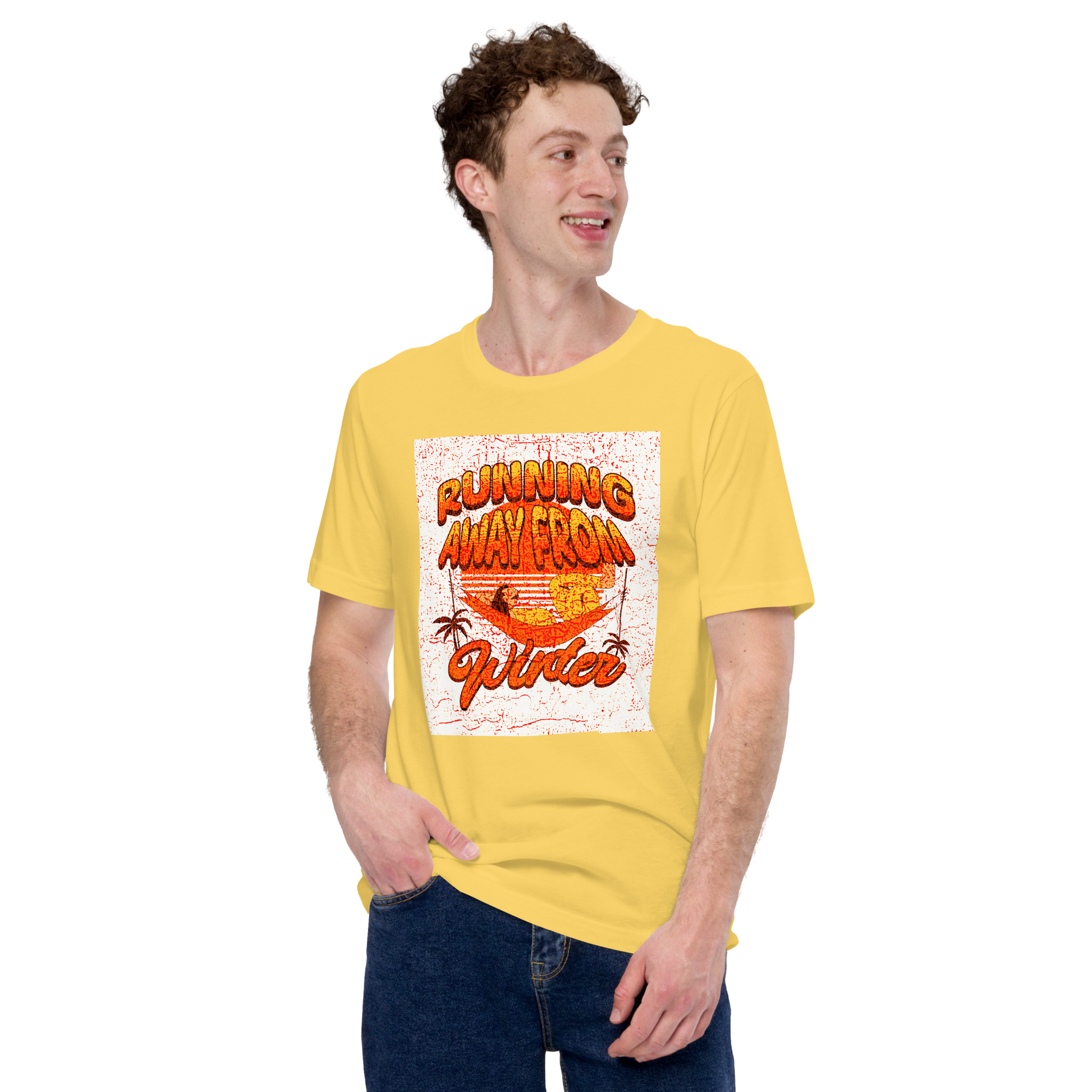 Unisex T-Shirt - Running Away from Winter - Escape Winter in Style, yellow, front men