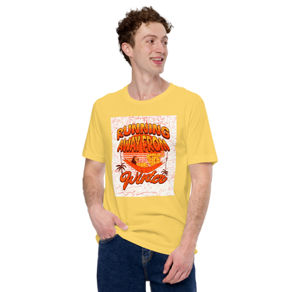 Unisex T-Shirt - Running Away from Winter - Escape Winter in Style, yellow, front men