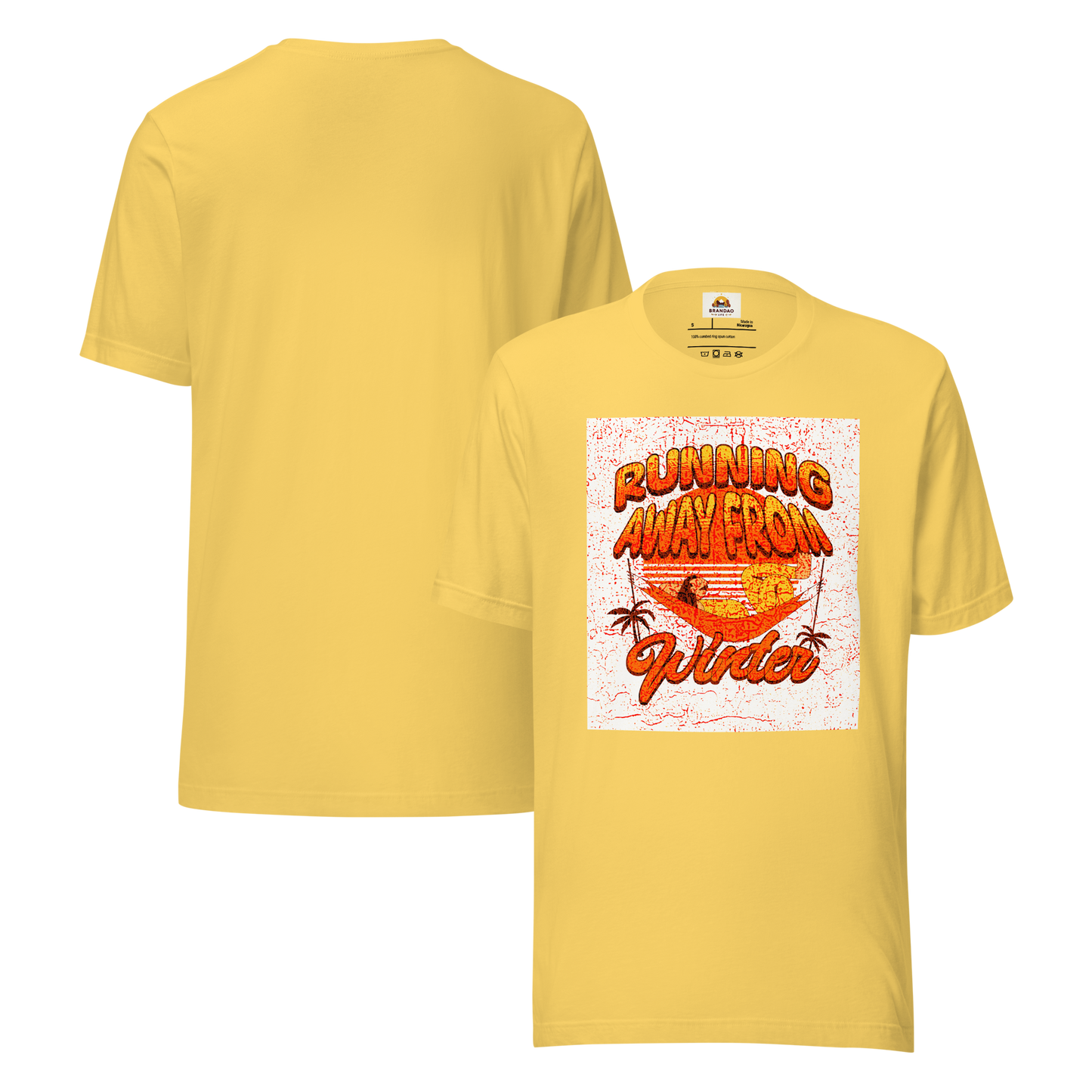 Unisex T-Shirt - Running Away from Winter - Escape Winter in Style, yellow, back and front full body