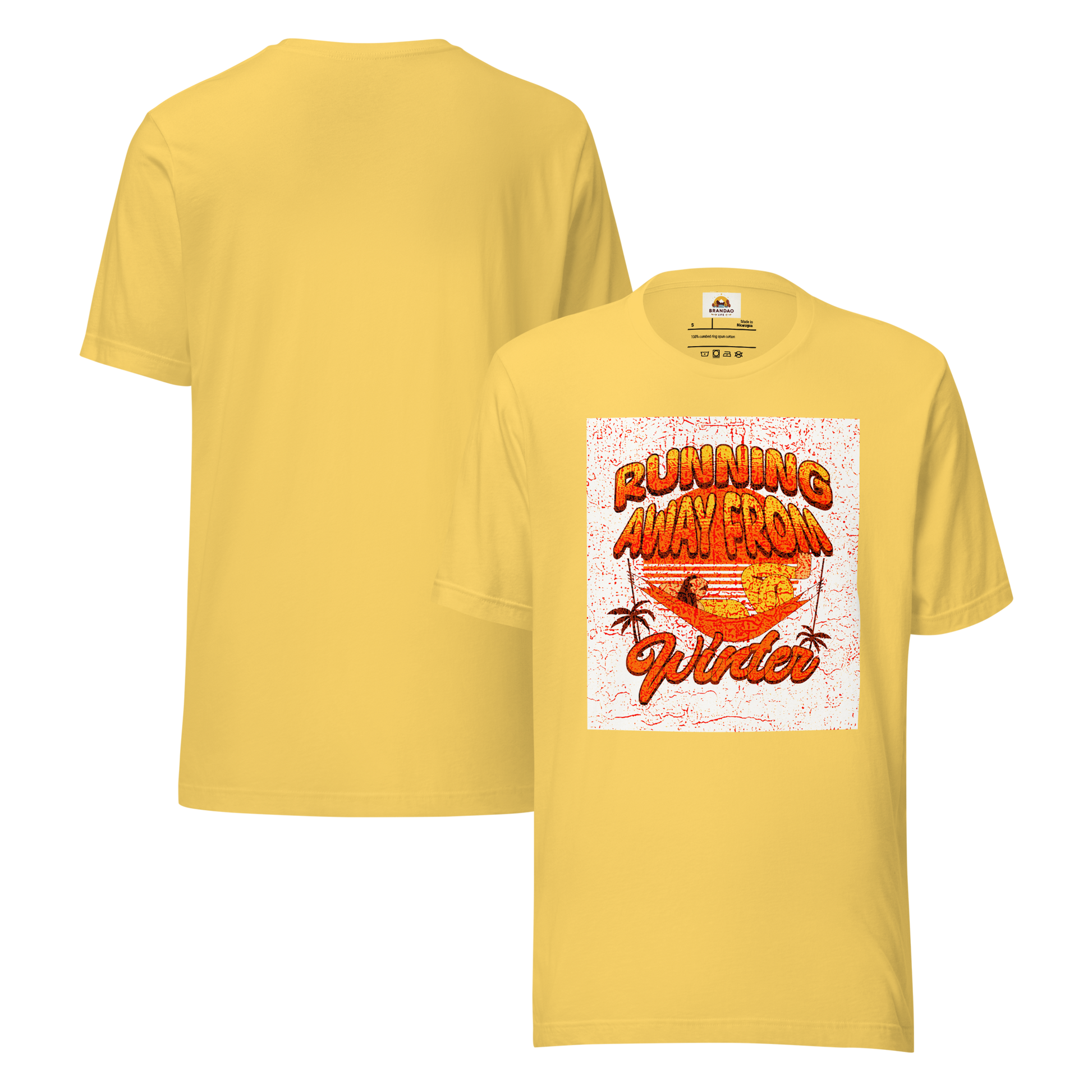 Unisex T-Shirt - Running Away from Winter - Escape Winter in Style, yellow, back and front full body
