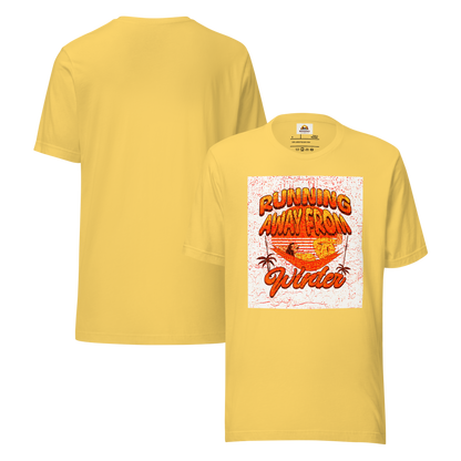 Unisex T-Shirt - Running Away from Winter - Escape Winter in Style, yellow, back and front full body