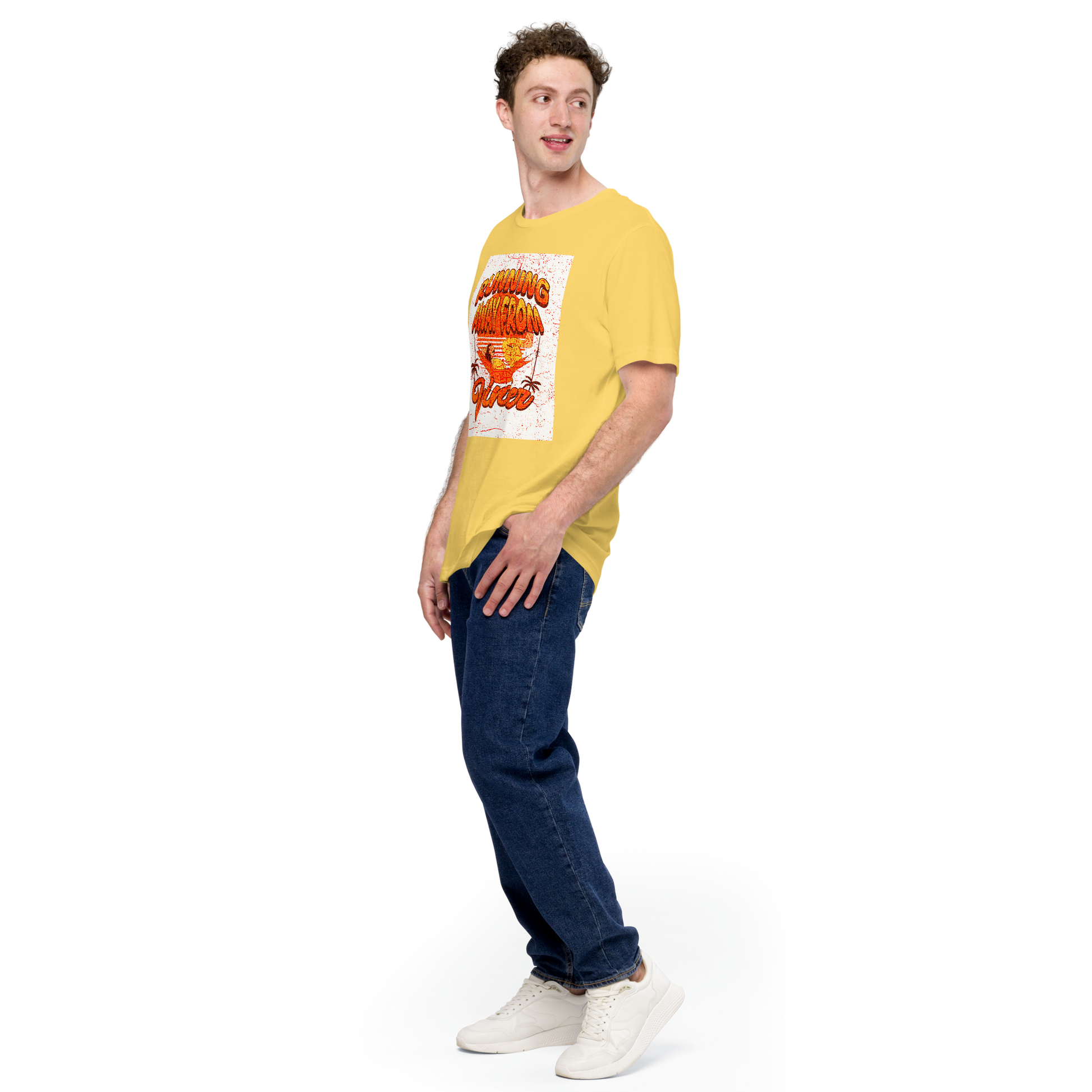 Unisex T-Shirt - Running Away from Winter - Escape Winter in Style, yellow, front full body men 
