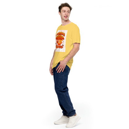 Unisex T-Shirt - Running Away from Winter - Escape Winter in Style, yellow, front full body men 