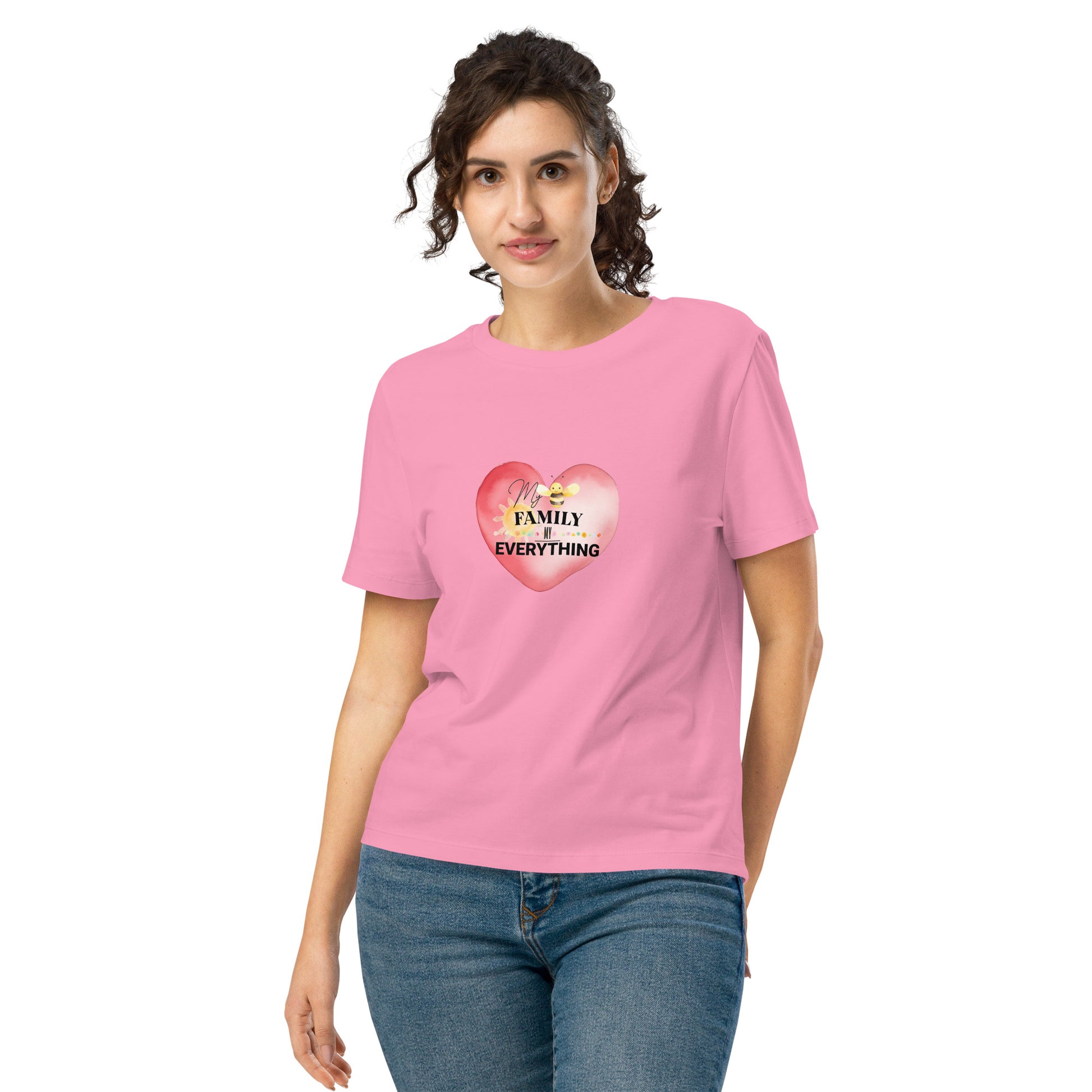 Women’s Organic Ribbed Neck T-Shirt – My Family, My Everything, Pink, front full body, women