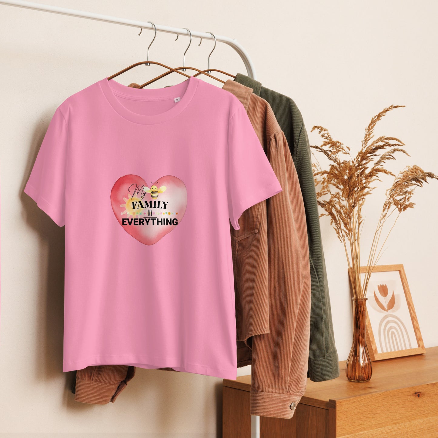 Women’s Organic Ribbed Neck T-Shirt – My Family, My Everything, Pink, front