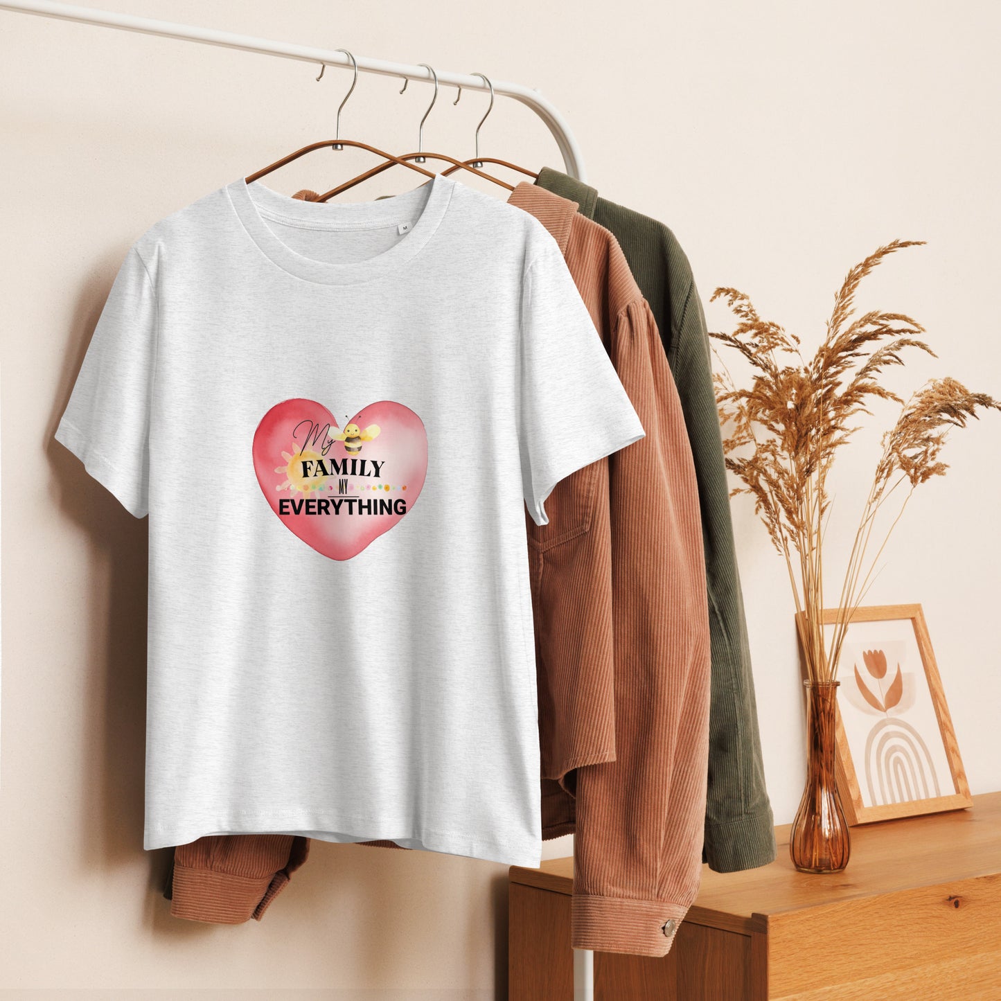 Women’s Organic Ribbed Neck T-Shirt – My Family, My Everything, Grey, front 