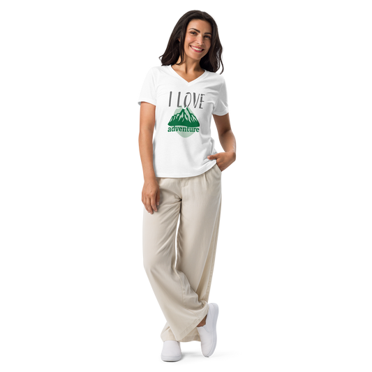 Women’s Relaxed V-Neck T-Shirt - I Love Adventure - Comfortable and Stylish, white, front full body women