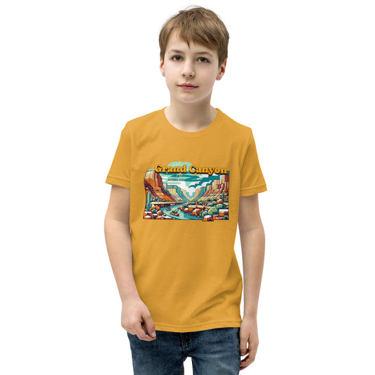 Youth Short Sleeve T-Shirt - Grand Canyon Adventure - National Parks, yellow, front boy 